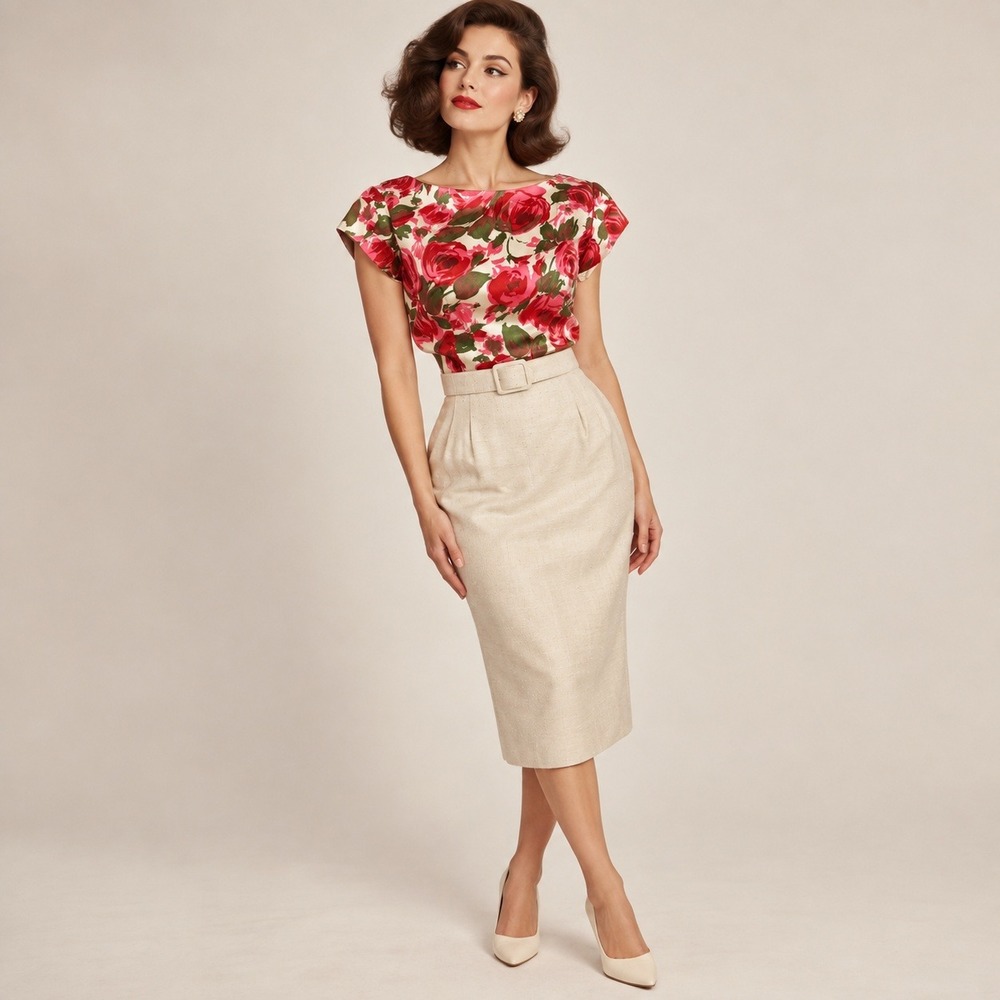 Vintage Sheath Dress Women Size 10 Cream Red Floral 50s 60s Pencil Mod Mad men